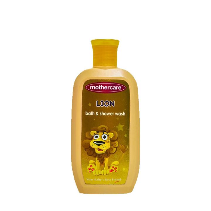 Yellow bottle of Mothercare Lion bath and shower wash on a white background

