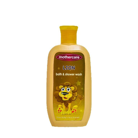 Yellow bottle of Mothercare Lion bath and shower wash on a white background


