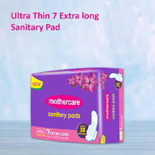 Box of Mothercare ultra thin 7 extra long sanitary pads on a light blue background

