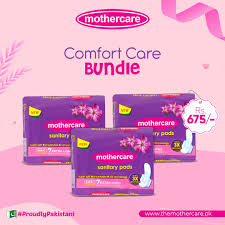 Mothercare sanitary pads packaging on a pink background with promotional text.

