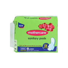 Box of Mothercare sanitary pads with a green background

