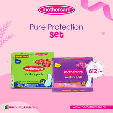 Mothercare sanitary pads packaging on a pink background with promotional text.

