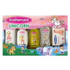 Mothercare Unicorn themed product set with various items on a colorful background

