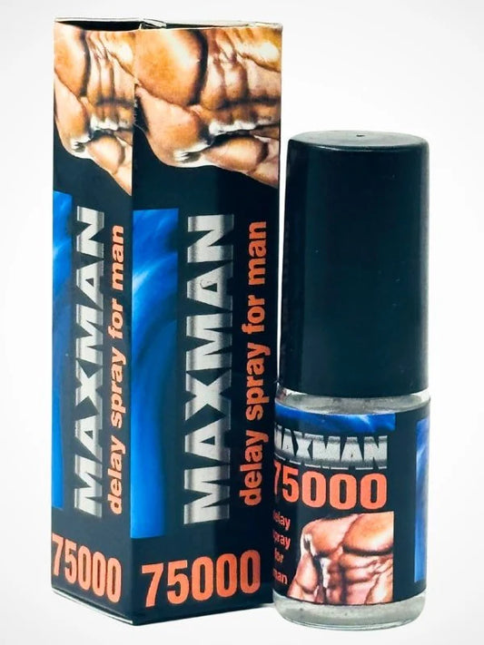 MaxMan delay spray for man packaging with a muscular man on a white background


