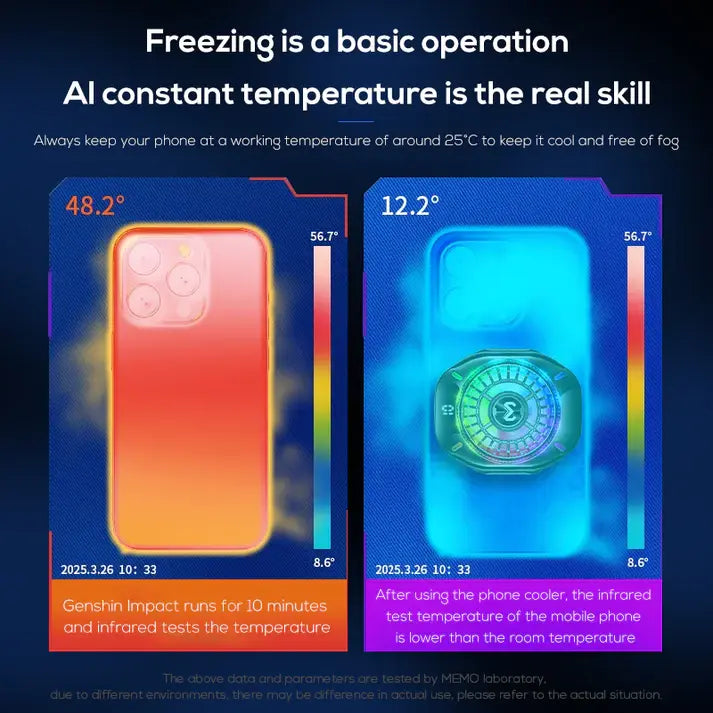 Thermographic images of a phone with temperature readings on a dark background

