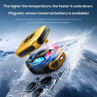 Two yellow and black devices on a snowy background with text about temperature cooling and magnetic version.

