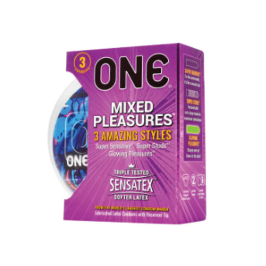 ONE Mixed Pleasure Condoms – Lubricated Latex, Pack of 3 Pieces.