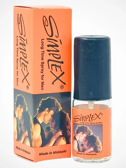 Simplex long time spray for men packaging and bottle on a white background

