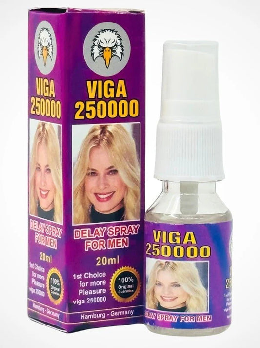 Viga 250000 delay spray packaging with a purple box and white bottle on a white background

