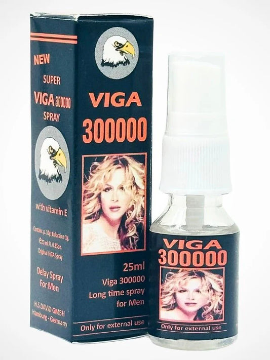 Viga 300000 spray bottle and packaging with a woman's face on a white background

