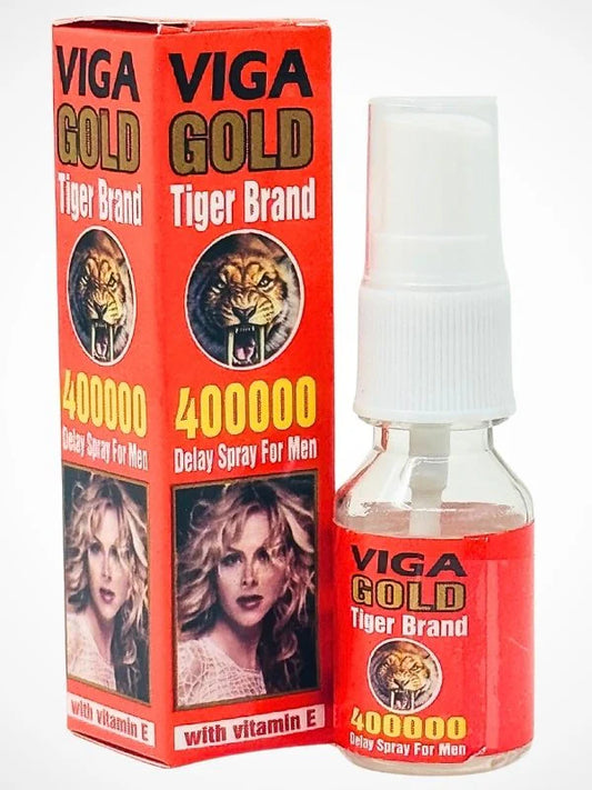 Viga Gold Tiger Brand delay spray packaging with a bottle on a white background